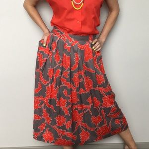 Vintage Red and Gray Floral Midi Skirt